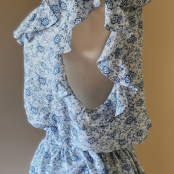 Max Studio, V-Neck, Blue/White, Blouse, Tank Top, XL, Polyester, Floral, Frilly - Picture 3 of 4